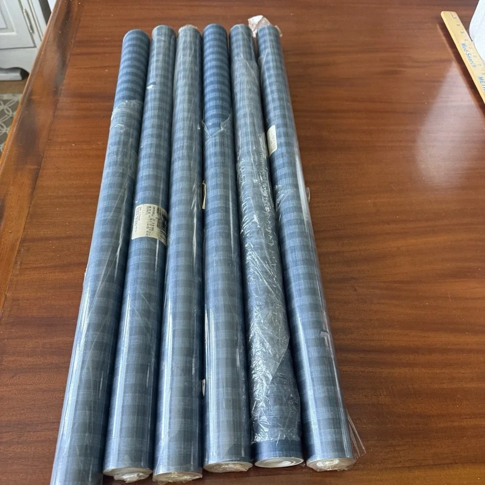 6 Rolls Vintage Brewster Blue Chambray Stripe Wallpaper BW-103-06 NOS Prepasted